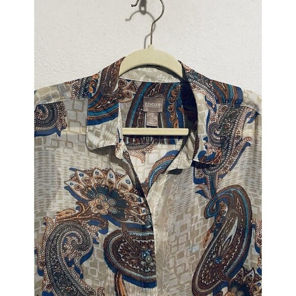 Chicos Top Womens Large 12 Boho Paisley Print Sheer Asymmetrical Hem Flowy - Picture 2 of 10